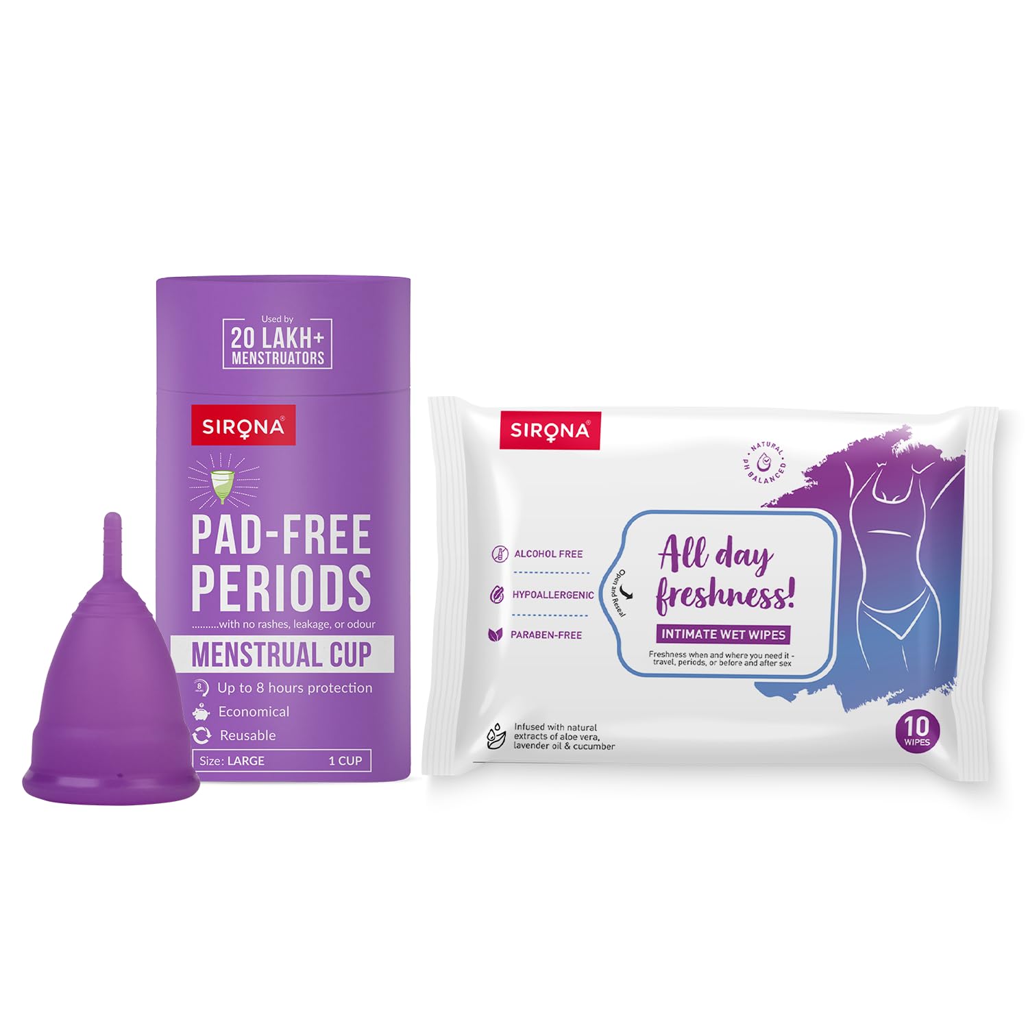 Sirona Reusable Menstrual Cup for Women| Ultra Soft Odour & Rash Free | 100% Medical Grade Silicone No Leakage with Intimate Wet Wipes - 10 (Large Wipes)