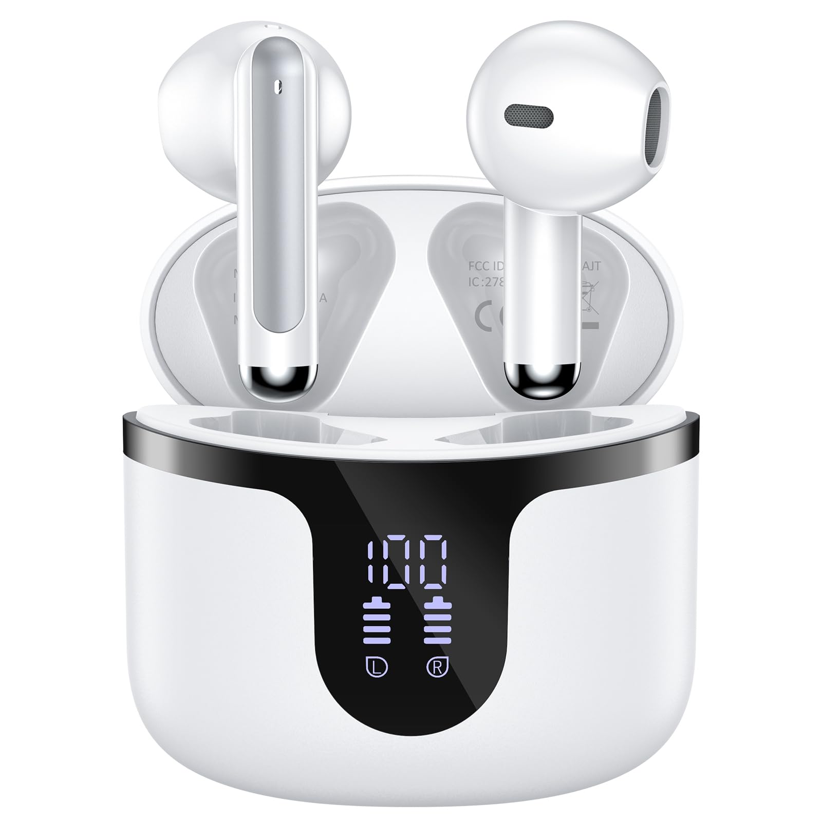 Cuffie Bluetooth, Auricolari Bluetooth HiFi Stereo, 50 Ore in Ear Cuffiette con 4 ENC Noise Cancelling Mic, IP7 Impermeabile Sport Cuffie Senza Fili, Auricolari con Display LED, USB-C Charging Bianco