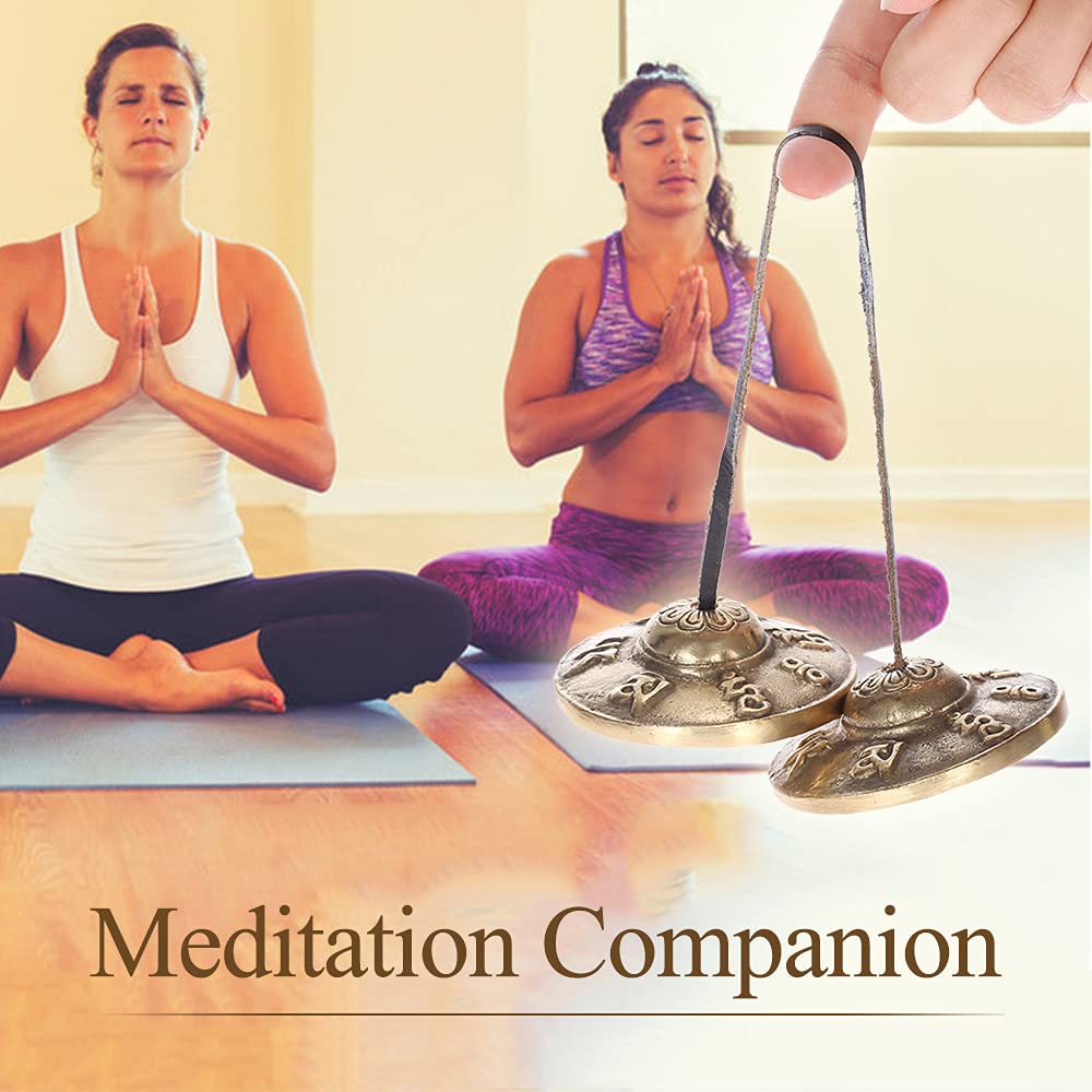 Btuty Campana tibetana per meditazione Tingsha fatta a mano, 6,5 cm, con simboli portafortuna buddisti