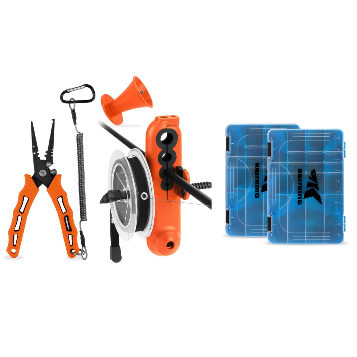 KastKing Fishing Line Spooler, Line Stripper & 7" Cutthroat Pliers, and Bait Vault Camouflage Tackle Box