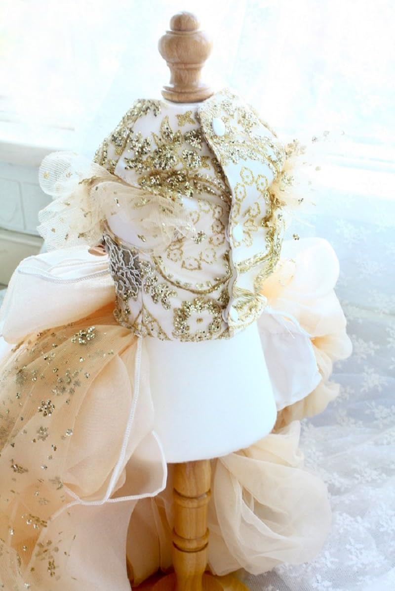 JaneFurFashion Handmade Luxurious Floral Lace Dog Gown Gold Glitter Pet Supplies Princess Dress Perfect Weddings Parties and Special Events Lightweight Tulle Fabric Ideal for Spring and Summer (XL)