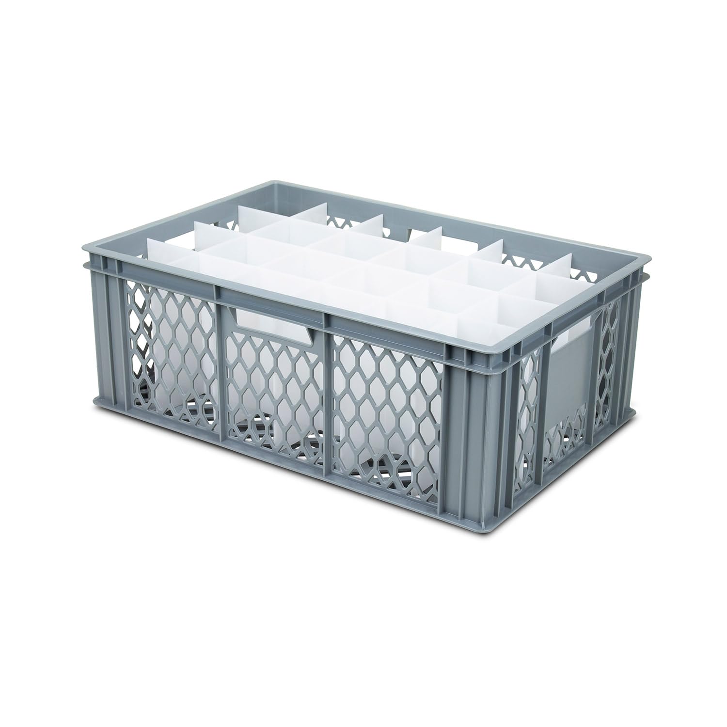Caterbox Grey Glass Wash & Store Crate, Ventilated, 600X400x285mm, With 24 Compartment Divider For Wine Glasses, Hi Balls – Conveyor Washing Solution (Glass Height 171 - 195Mm)