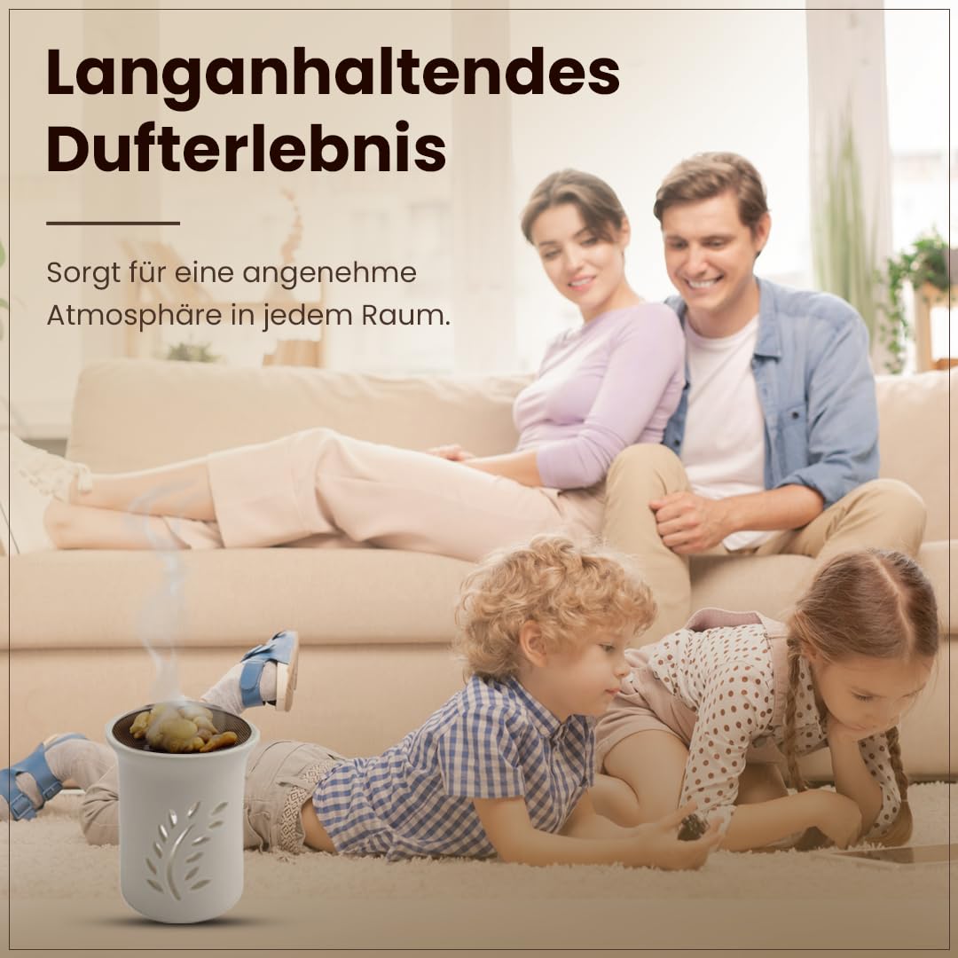 Räucherstövchen mit Edelstahlsieb & Metallscheibe – Design Friedenszweig, weiße Keramik, Höhe 11 cm – ideal für Weihrauch & Kräutermischungen (Packung mit 2)