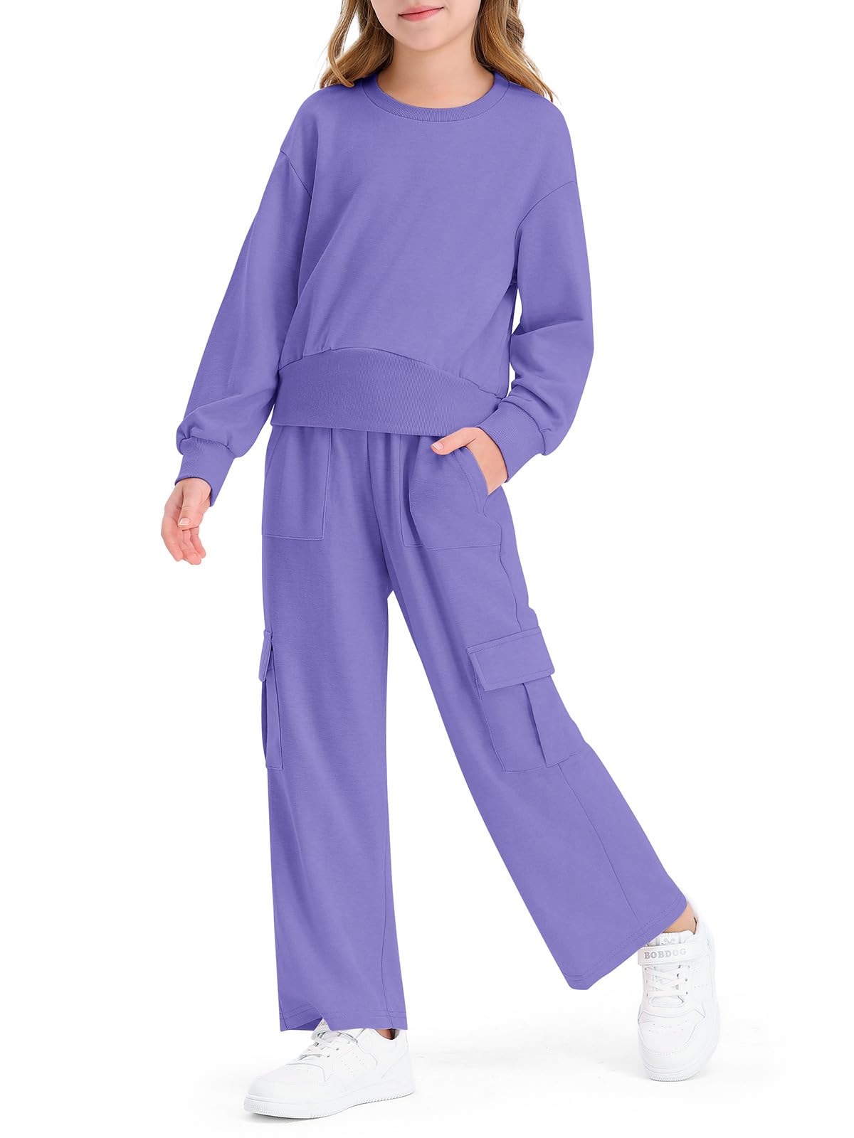 HaloumoningGirls 2 Piece Outfits Kids Fashion Long Sleeve Crop Tops Sweatshirt Wide Leg Cargo Pants Set