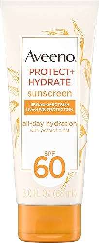 Aveeno Protect + Hydrate Moisturizing Body Sunscreen Lotion with Broad Spectrum SPF 60 & Prebiotic Oat, Weightless & Refreshing Feel, Paraben-Free, Oil-Free, Oxybenzone-Free, 3.0 fl. oz