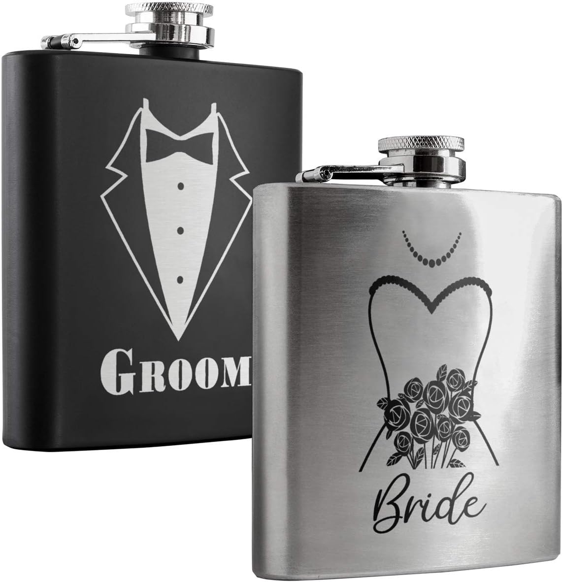 Stainless Steel 6 oz Groom and Bride Flask Set | Black with Silver Engraving & Silver with Black Engraving | Weddings, Gifts, Celebrations