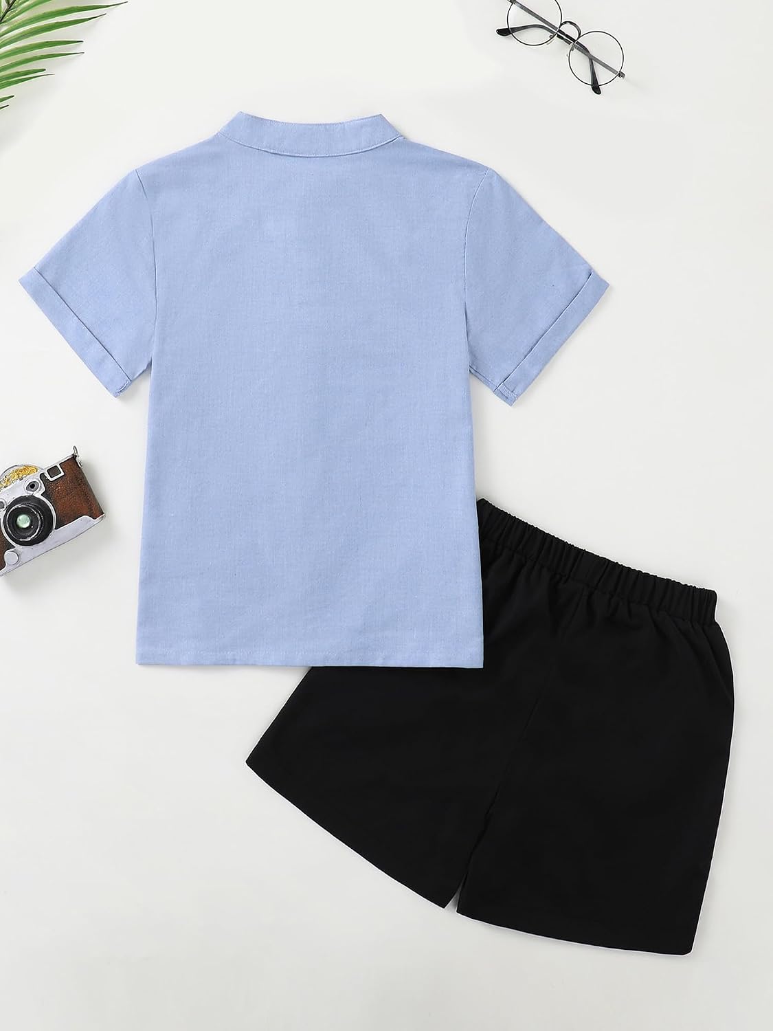 Boys Summer 2 Piece Outfit Set: Short Sleeve Mandarin Collar Button Down Shirt & Casual Shorts Set 7-14 Years