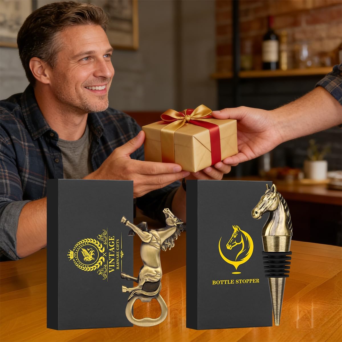 Horse Bar Gift Set, Horse Beer Opener & Horse Head Wine Stopper, Equestrian Gifts for Men, Dad, Coach, Horses Lovers, Bronze with Gift Boxes, Perfect Birthday, Father’s Day, Xmas Present image 2