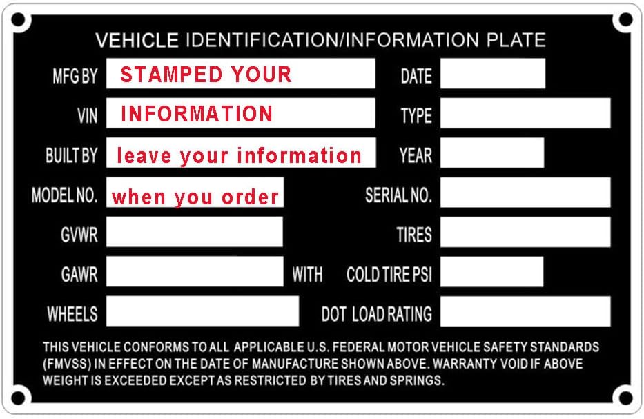 Pre-Engraved Stamped Trailer Truck ID/Data Plate - Custom Engraving of VIN, MFG & DOT info IncludedFF
