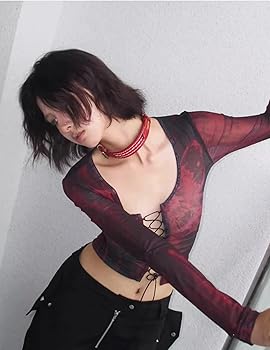 Amazon | [NAMEOF] 編み上げ レースアップ ショート丈 シアー トップス