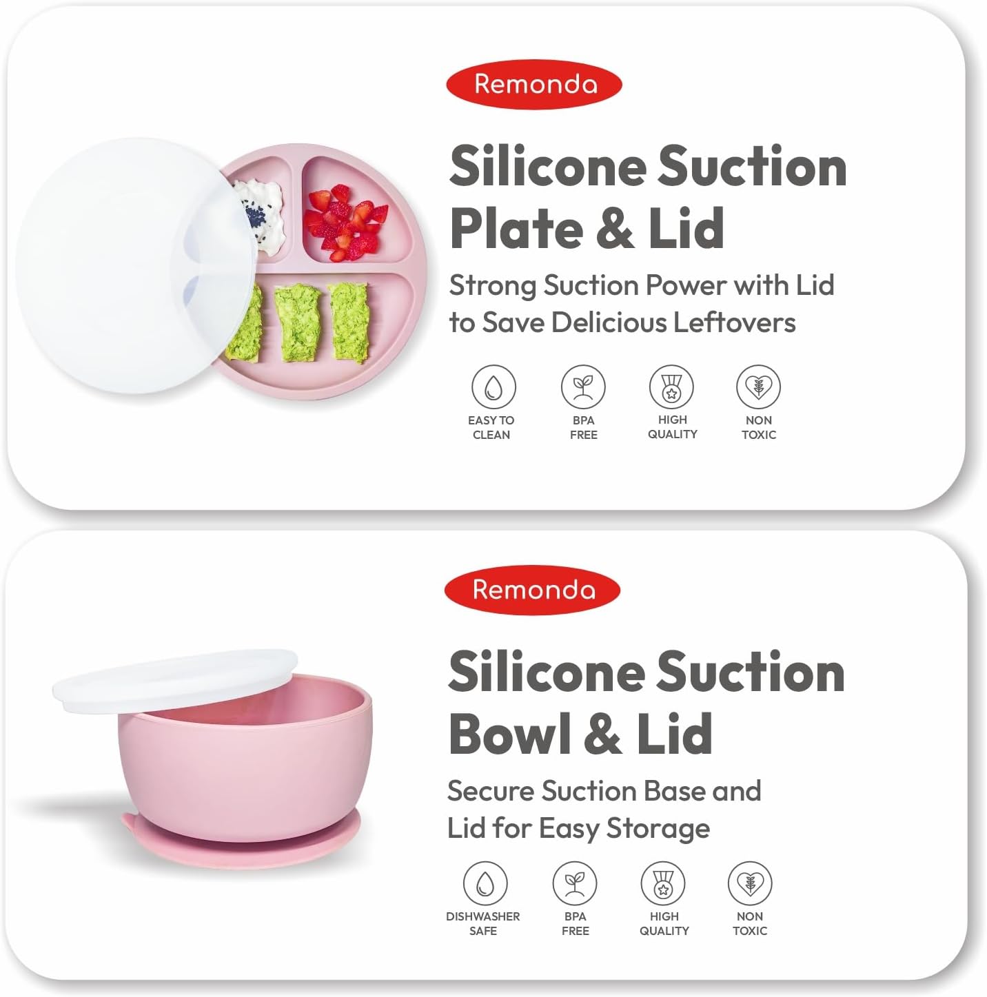 Remonda 23-Piece BPA-Free Silicone Baby Feeding Set | Extra Large Suction Plates, Toddler Bowls, Self Feeding Spoons, and More | Dishwasher Safe| Baby Led Weaning Supplies (Pink)