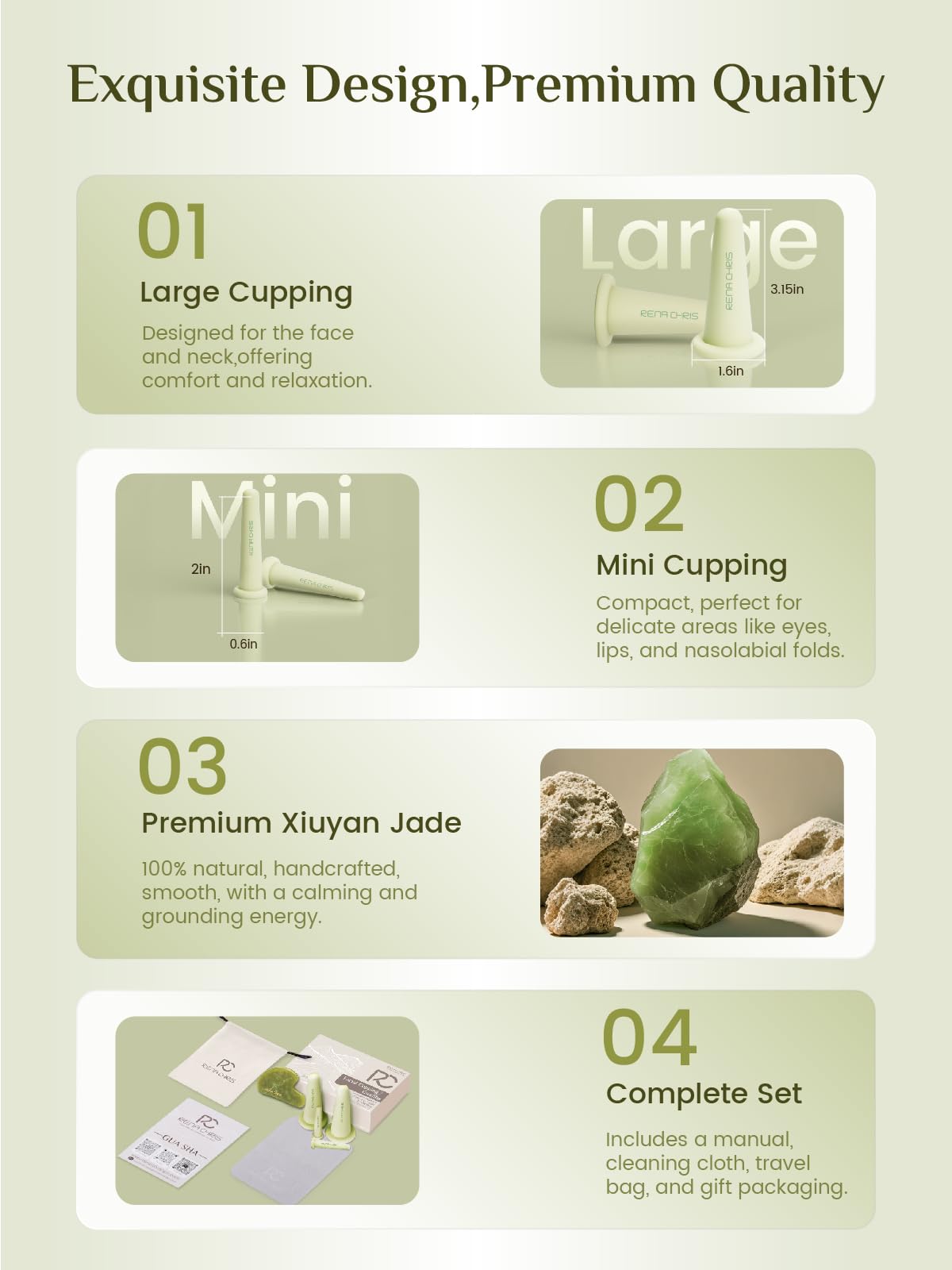 Rena Chris Zestaw bańek do twarzy i twarzy Gua Sha - silikonowe bańki i kamień Jadeitowy Gua Sha - do naturalnej pielęgnacji skóry, obrzęku ust (zielony)