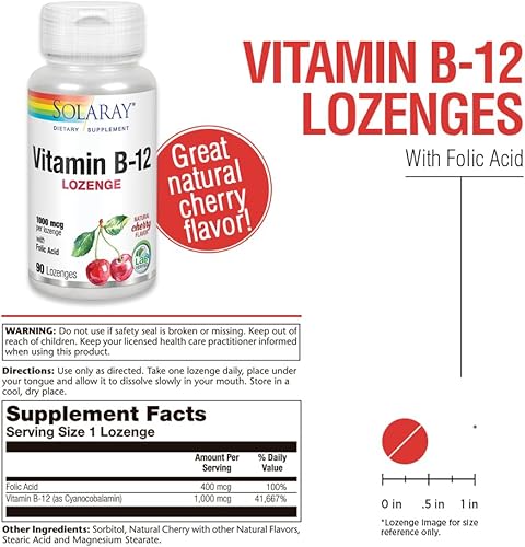 Miniatura 2 de SOLARAY Pastillas de vitamina B-12 de 1000 mcg con ácido fólico | Sabor a cereza natural | Apoyo energético saludable | 90CT