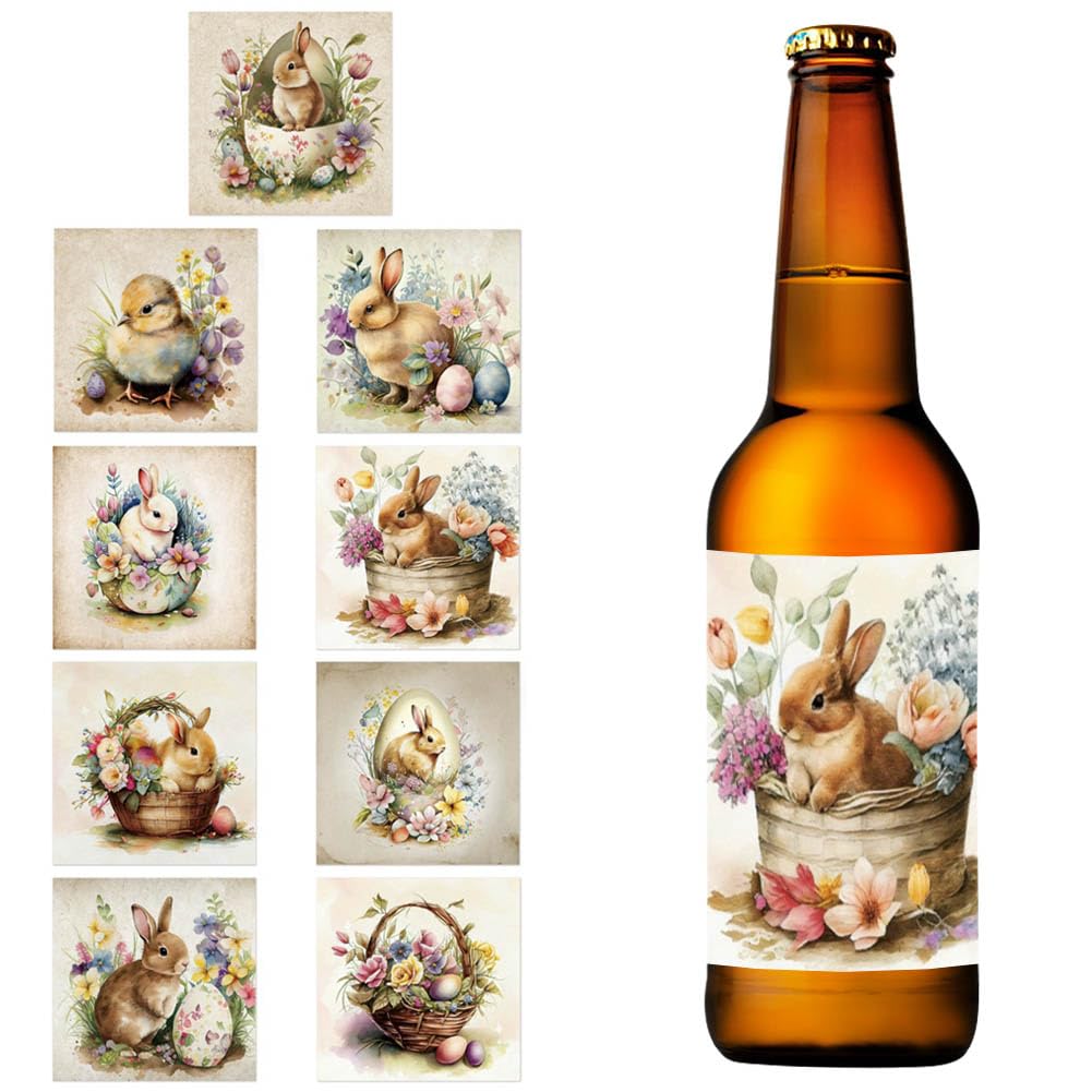 18 Easter Wine Bottle Label Stickers Self-Adhesive Beer Bottle Cover Easter Egg Chick Bunny Pattern Stickers for Beverage Bottle Easter Party Decor Supplies