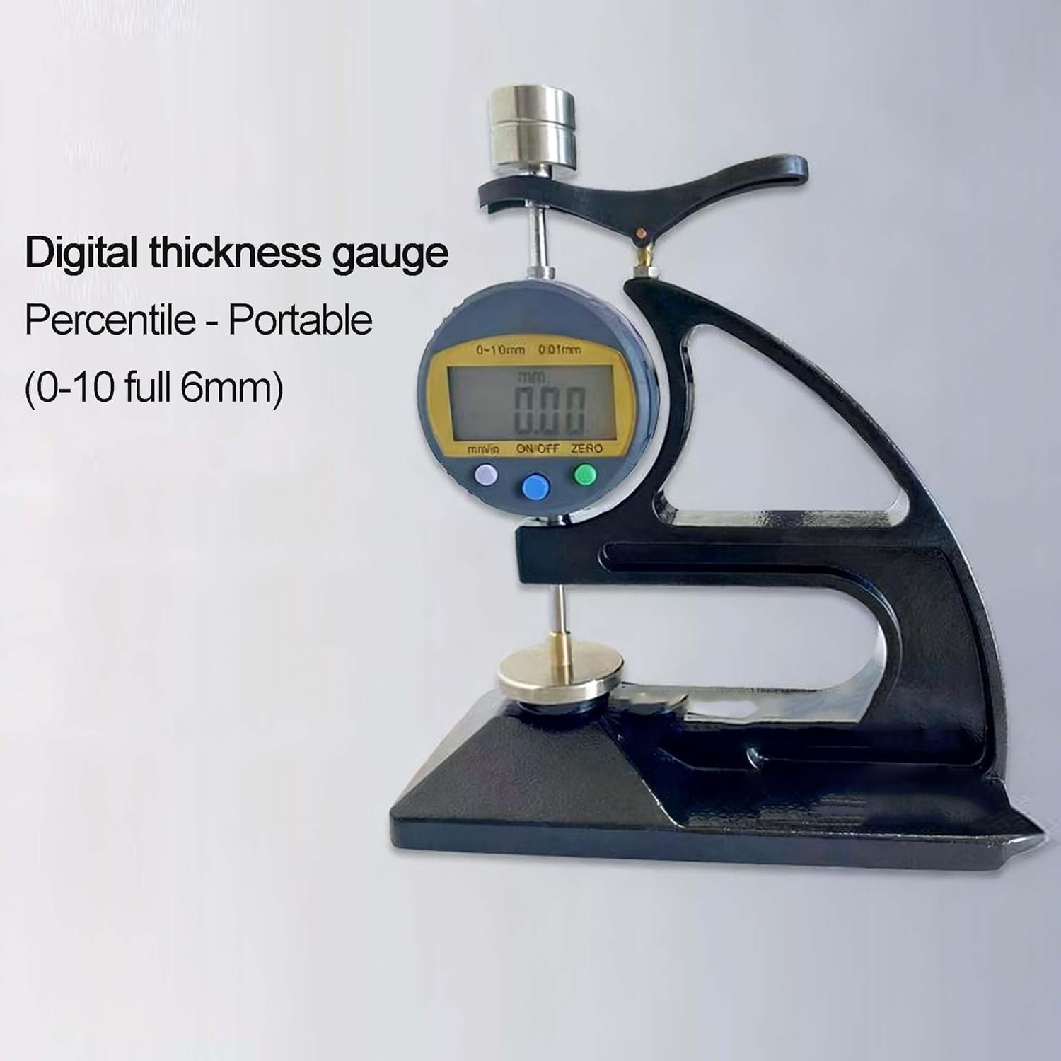 Misuratore di spessore portatile in gomma e plastica, misuratore di spessore digitale, gamma 0-10 mm, risoluzione 0,01 mm, piede di misurazione da 6 mm, display LCD per cavi, gomma, plastica