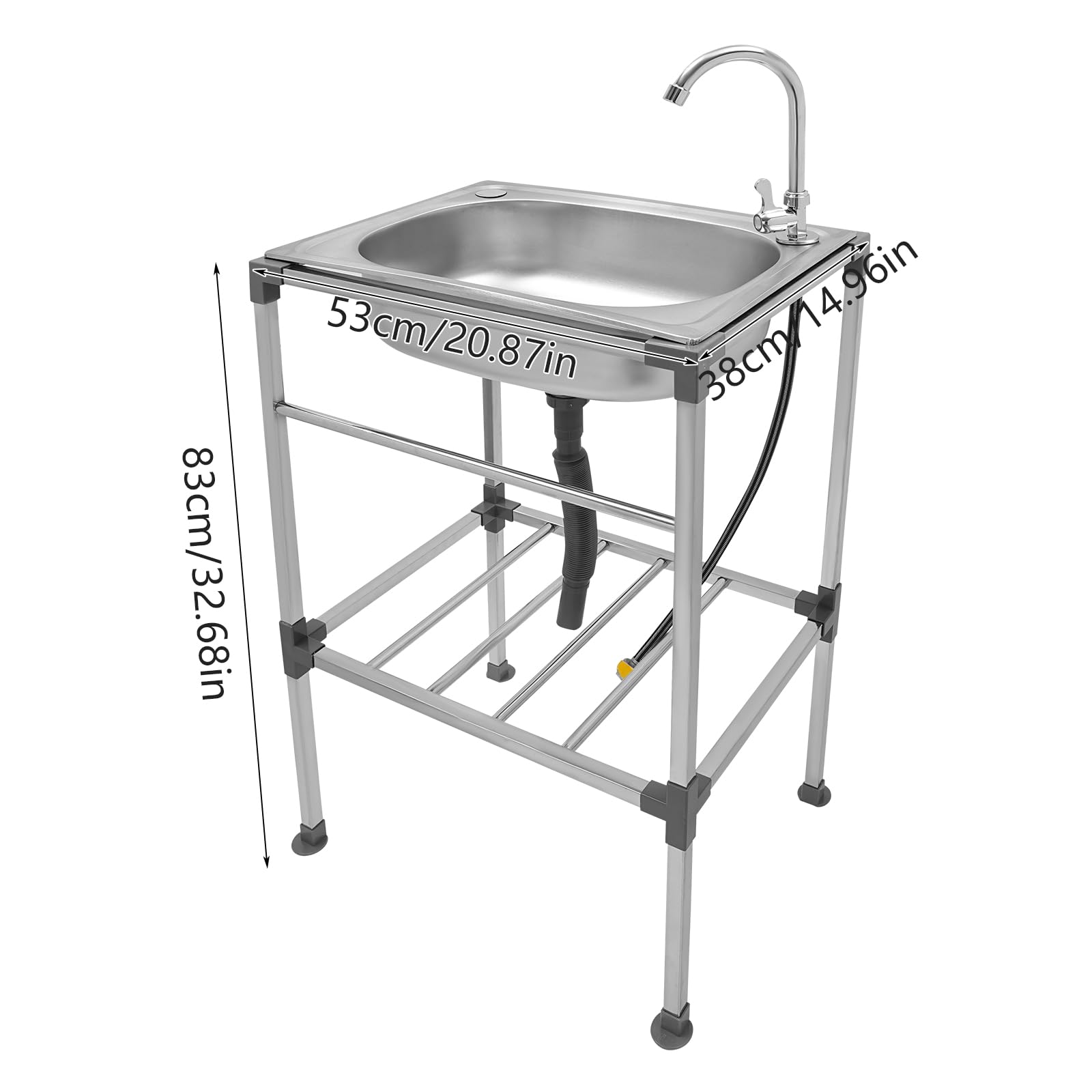 Fregadero de acero inoxidable, fregadero para exteriores, independiente con grifo, para hogares, restaurantes, lavaderos, 53 x 38 x 83 cm (C)