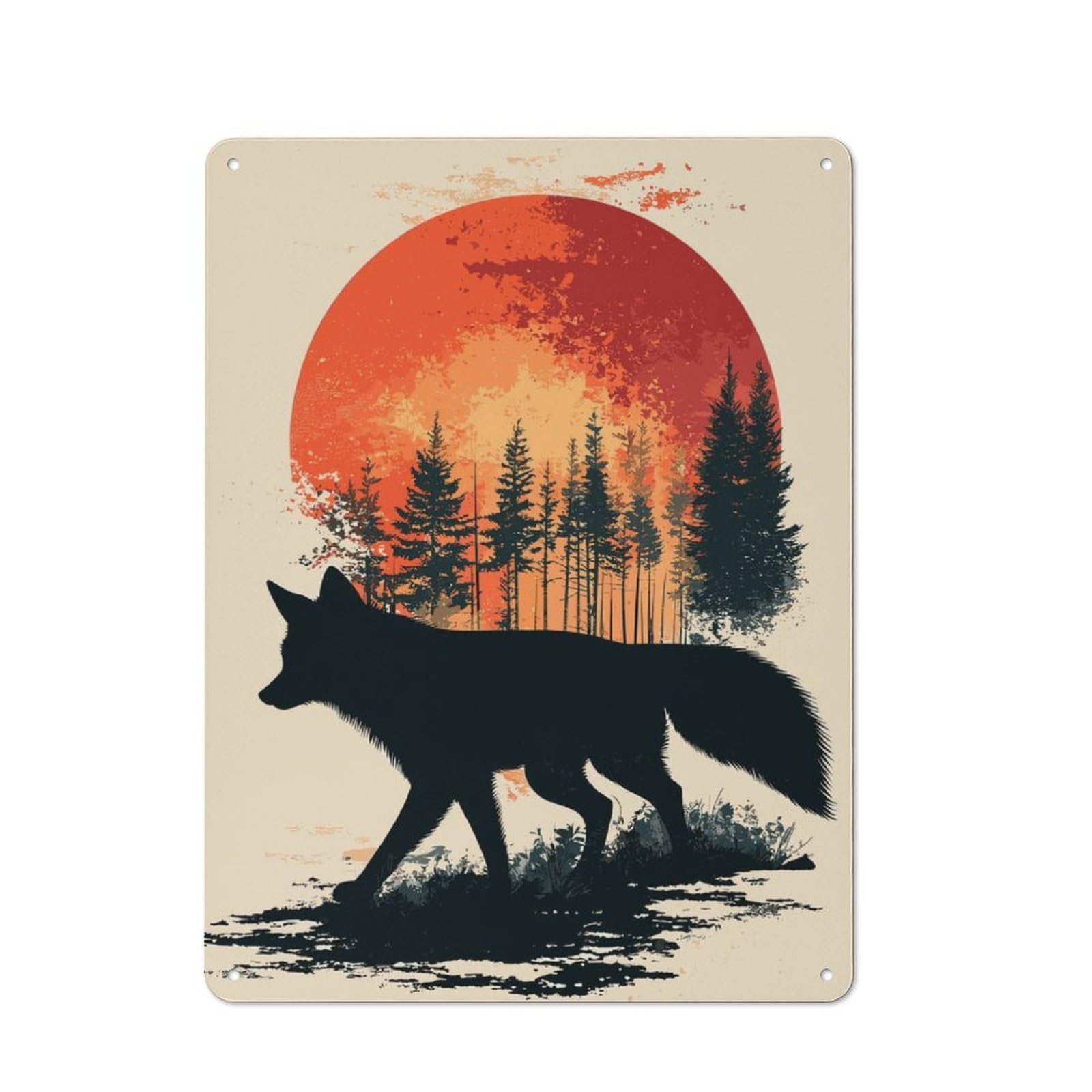 Junmoney Fox Silhouette Sunset Retro Metal Plaque 40X30cm Featuring For Garage Wall, A Winter Wall Decor Update For Workshop Decor Fans