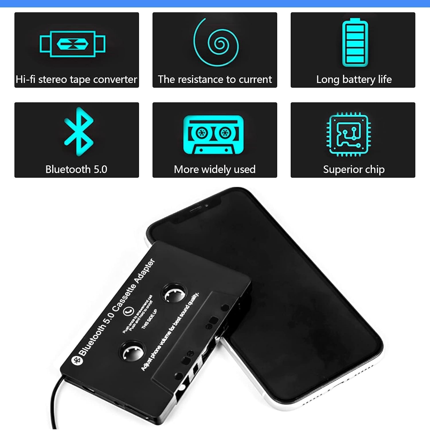 Adattatore Cassetta Autoradio BT 5.0, Aux Adaptador Cassetta Adattatore da Auto con Microfono per Chiamate Lettore di Cassette per MP3 CD Convertitore Radio