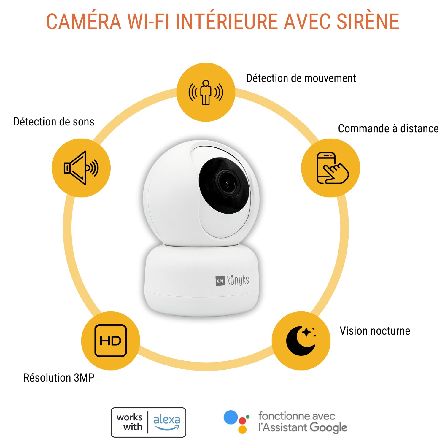 Konyks Camini 2 | Wewnętrzna kamera nadzorująca WiFi | Wykrywanie ruchu i dźwięku | Wbudowana syrena | Powiadomienia o smartfonach | Noktowizor