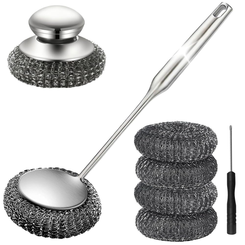 Steel Wool Scrubber with Handle: 7Pcs Stainless Steel Scrubber Brush Set – 1 Long Brushes,1 Short Brushes,4 Replaceable Pads,1 Screwdriver for Home