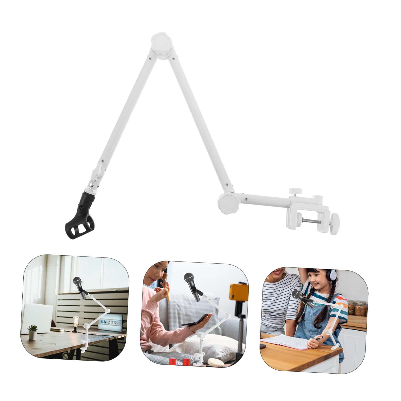 Supporto per Microfono da Scrivania Yz-38 Bianco, Asta Metallo | Rotazione 360 Gradi, Base Plastica e Clip Inclusa, per Streaming e Uso Domestico