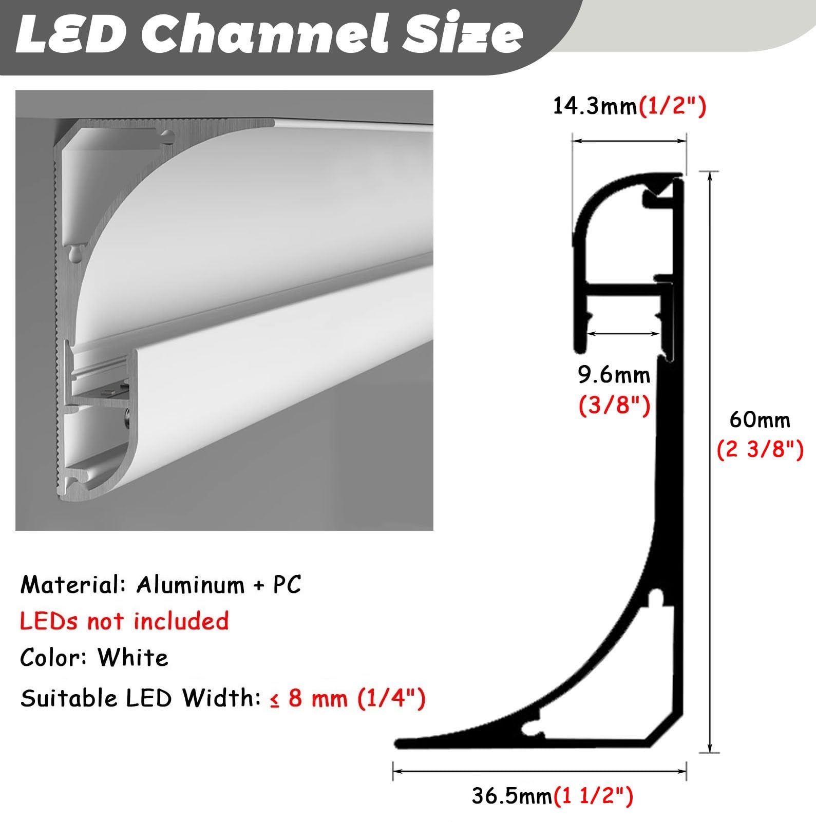 Generisch Deckenleisten, 2 m LED-Streifenleuchte, Aluminium-Deckenleiste für indirekte Beleuchtung, dekorative Hohlkehlleiste, 2 m LED-Kanal für eine ansprechende Wohnraumgestaltung