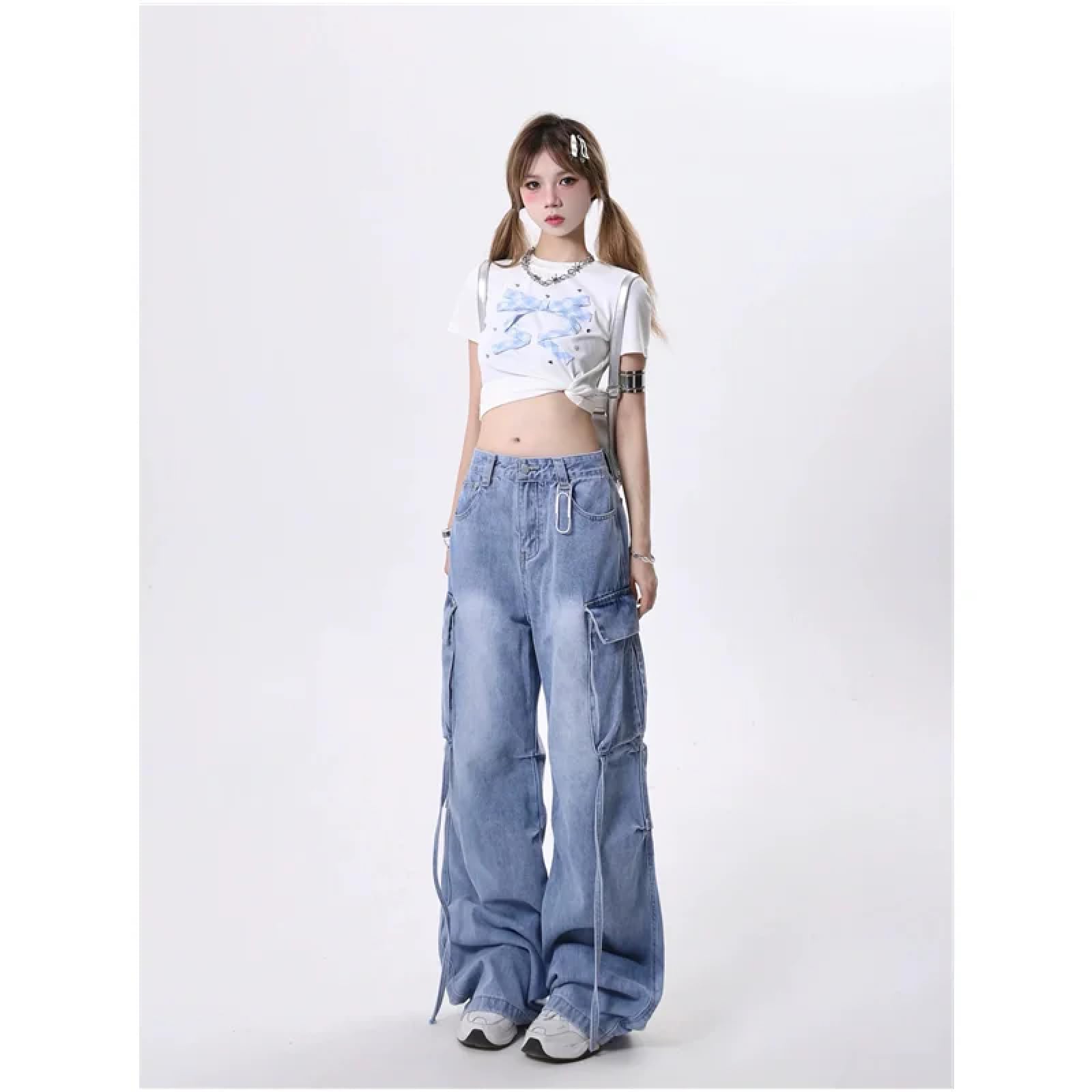 Dżinsy damskie spodnie damskie bojówki damskie Streetwear z wysokim stanem i szerokimi nogawkami