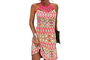 Ouges Women's Halter Neck Short Sleeve Floral Summer Casual Sundress