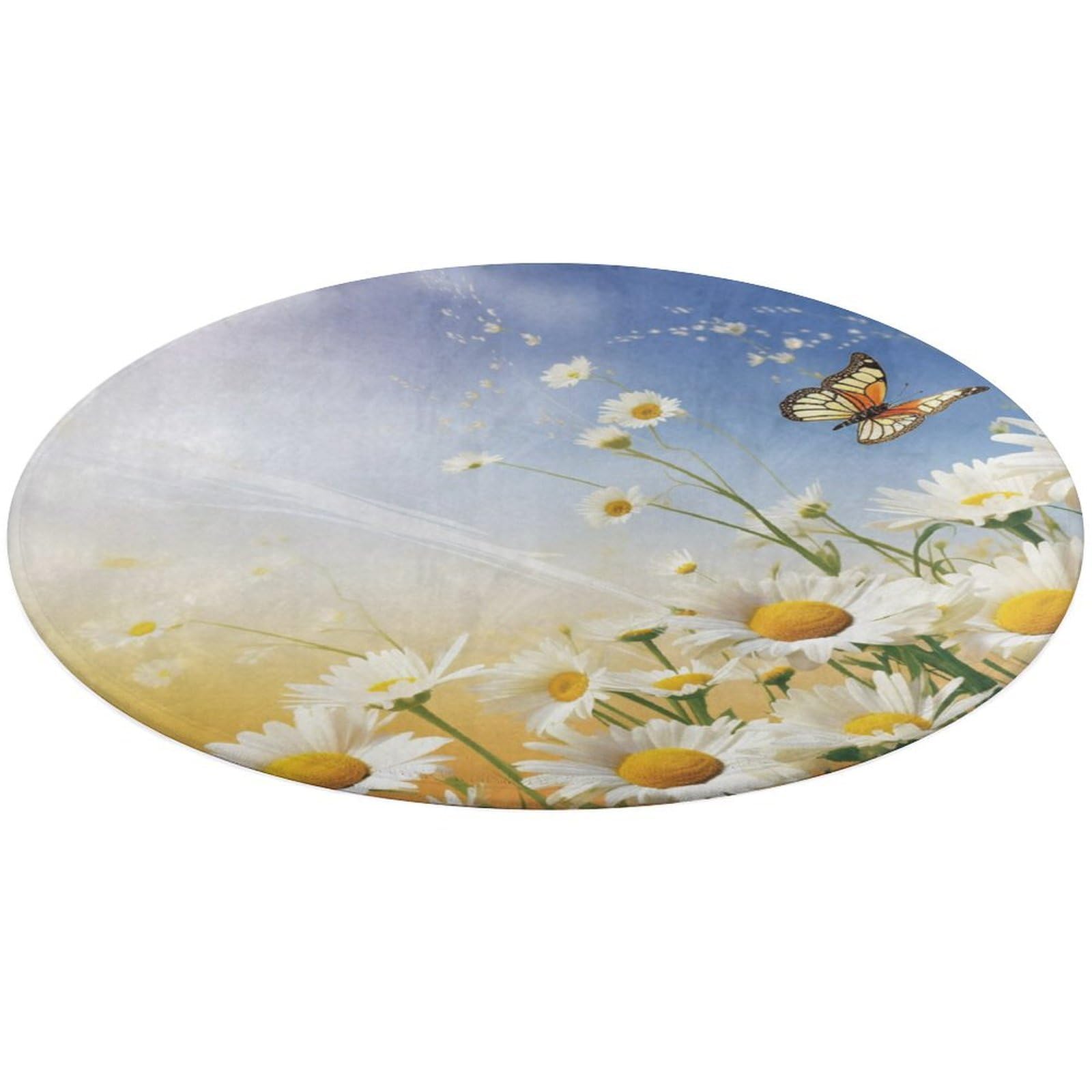 Tapis rond en velours haut de gamme camomille et papillons 90 cm antidérapant