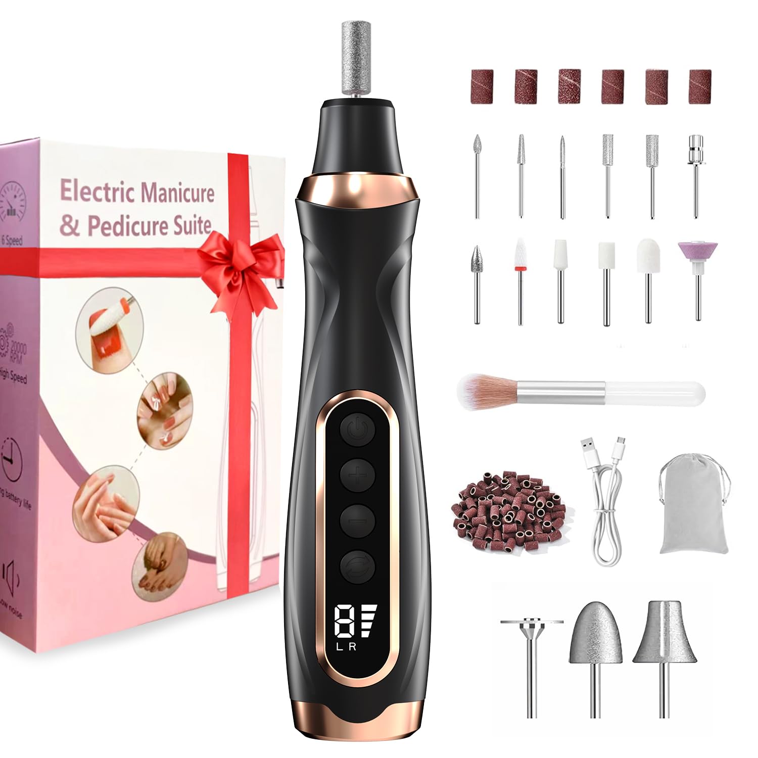 Fresa per Unghie Professionale 20000 RPM Cordless Manicure Elettrico e Pedicure Set 15 in 1 Lima Elettrica per Unghie Senza Fili USB Manicure e Pedicure Elettrico per Casa Salone,Nero