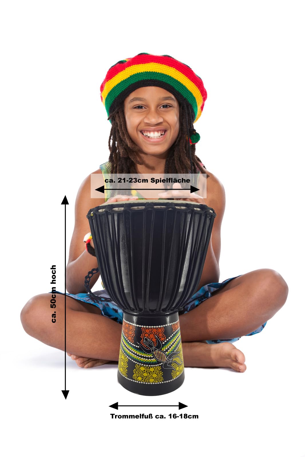 50cm Profi Djembe Trommel Bongo Drum Buschtrommel Percussion Motiv Buntes Muster Gecko Bemalt - (Sehr gutes Instrument für Damen und Jugendliche guter Bass)