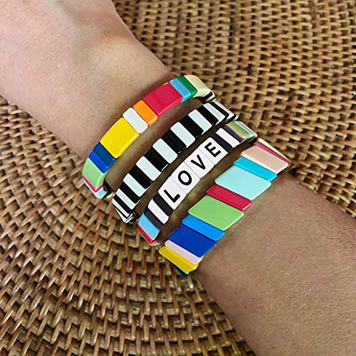 Enamel Tile Bracelet Stackable Rainbow Tile Bead Love Stretchy Bracelet Colorblock Enamel Brite Bracelet for Women Set of 4 Strands2