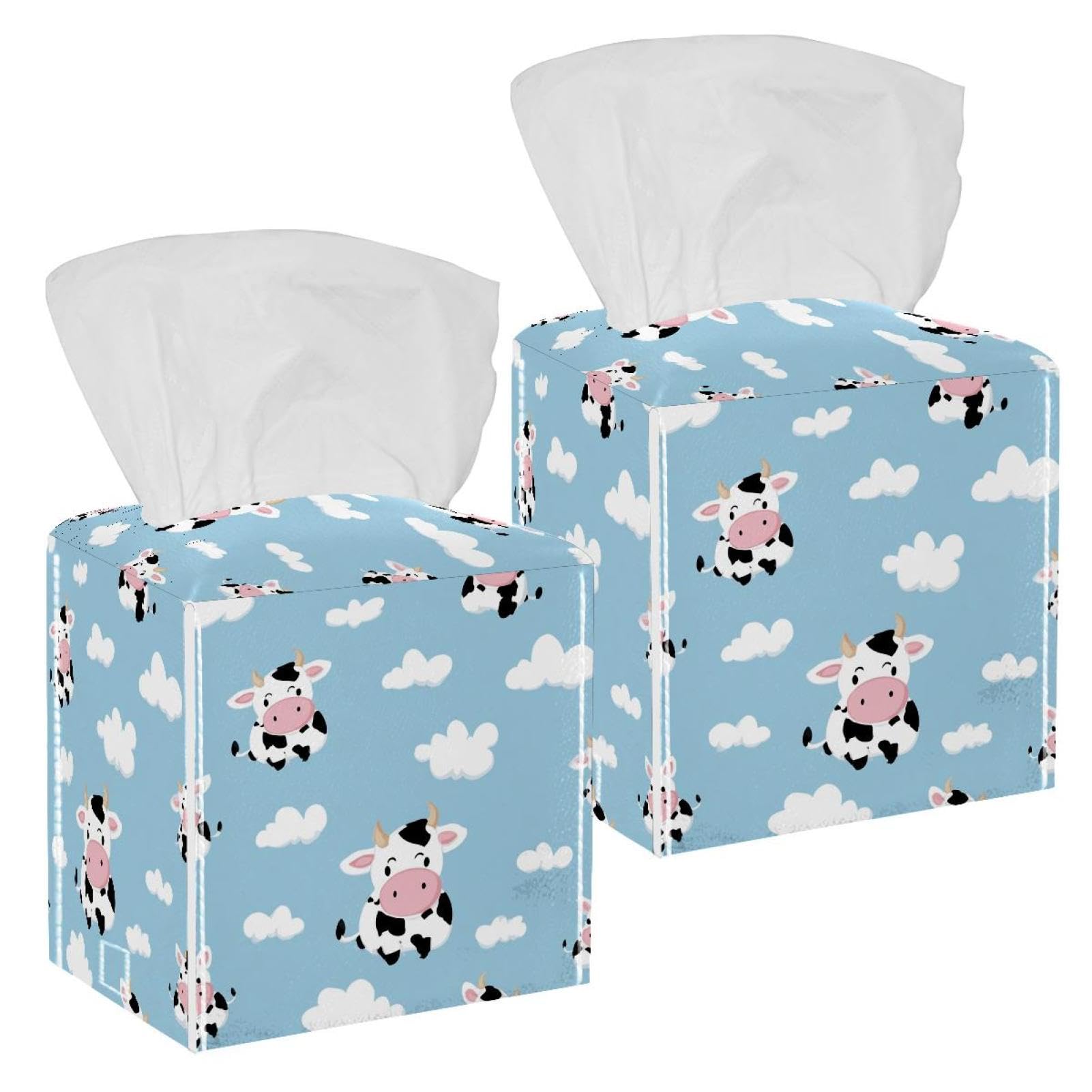 Cows and Clouds Tissue Box Cover, 2 Pack PU Leather Square Facial Tissue Dispenser Box holder for Home Office Car