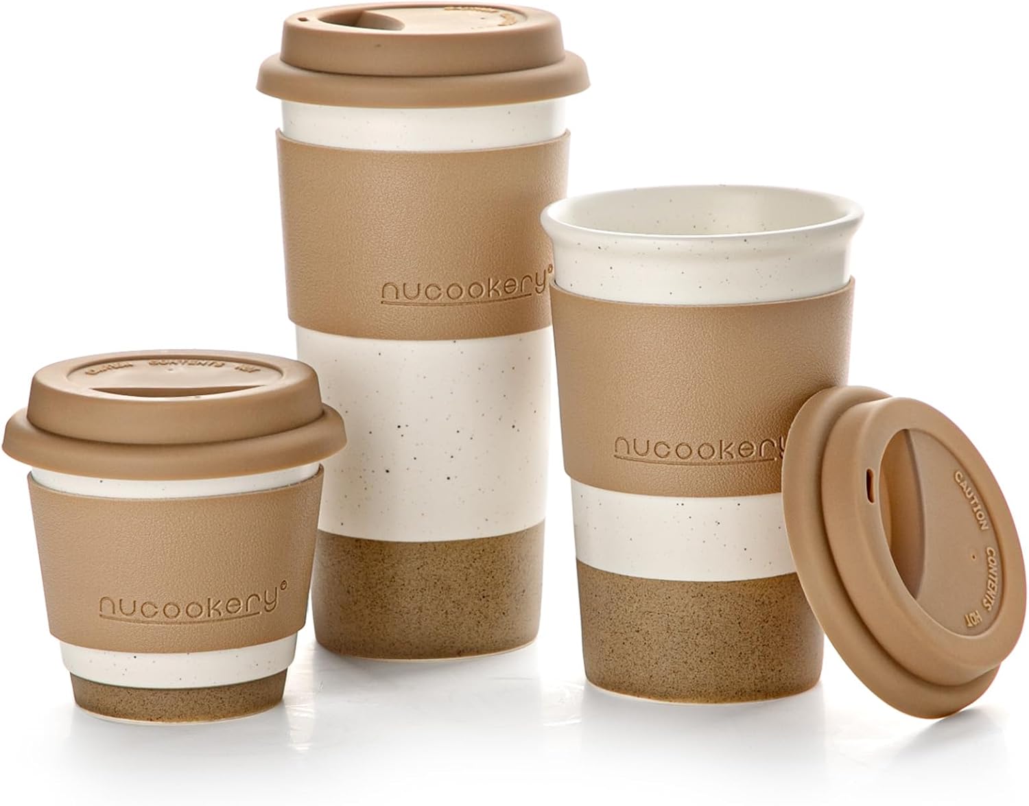 Nucookery Ceramic Travel Coffee Mug Set, Coffee Tumbler with Silicone Lid and Non-Slip Sleeve, Unique To Go Mug, Gifts for Women & Men, Microwave Safe Cappuccino, Tea, Latte, Iced-Coffee Cups, White