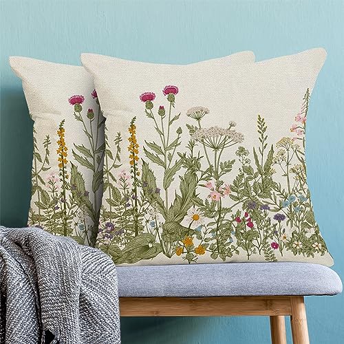 Image of AEIOAE Sage Green Pillow Covers 16x16 Inch Set of 2, Spring Wildflower Plant Throw Pillows Case,Seasonal Floral Outdoor Decorative Flowers Farmhouse Decor Cushion Covers for Home Sofa Bed Couch