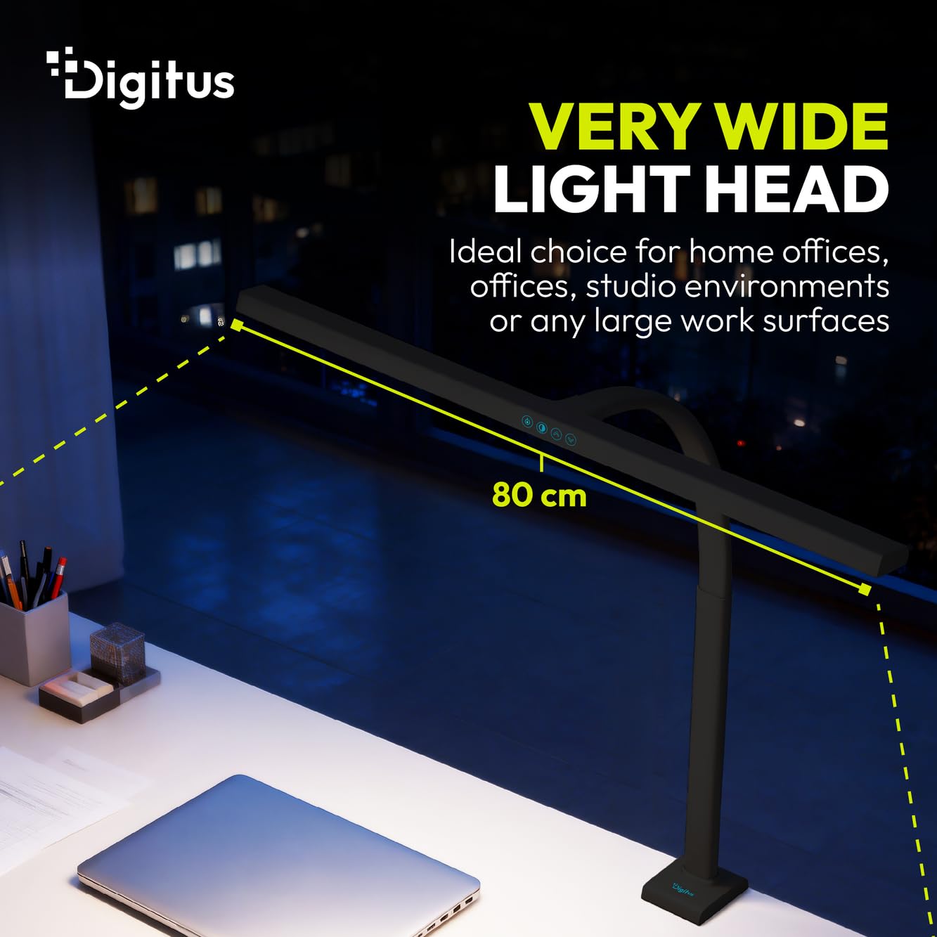 DIGITUS LED Schreibtischlampe – 2400 Lumen – 80 cm Breit – 16W – Schwarz | 1000 Lux – 4-stufige Farbtemperatur – Dimmbar – Touch-Control – flexibler Lampenarm – Klemmfuß – Tageslichtlampe
