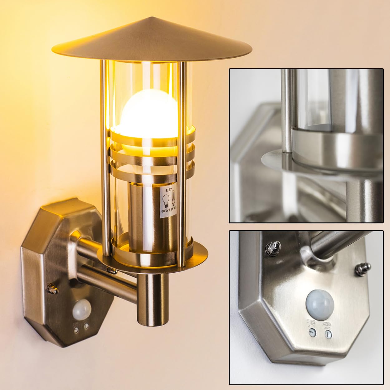 Outdoor wall lamp Forli with Motion Detector, Modern wall lamp Made of Stainless Steel and Clear Glass panes, wall lamp with E27 Socket, Outdoor lamp for Terrace/Yard/Garden, Without Bulb