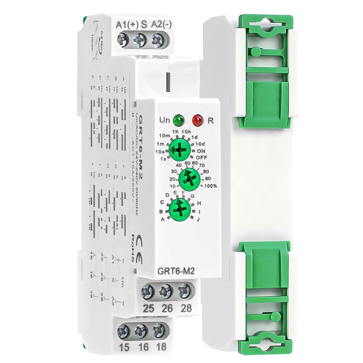 Multifunction Time Delay Relays 2 Outputs AC DC 24V-240 Volt, 10A Mini Adjustable Timer Switch ON Off, GRT6-M2 with 10 Electrical Timers Relay Control Delay Function for 1 Minute to 10 Days, Din Rail