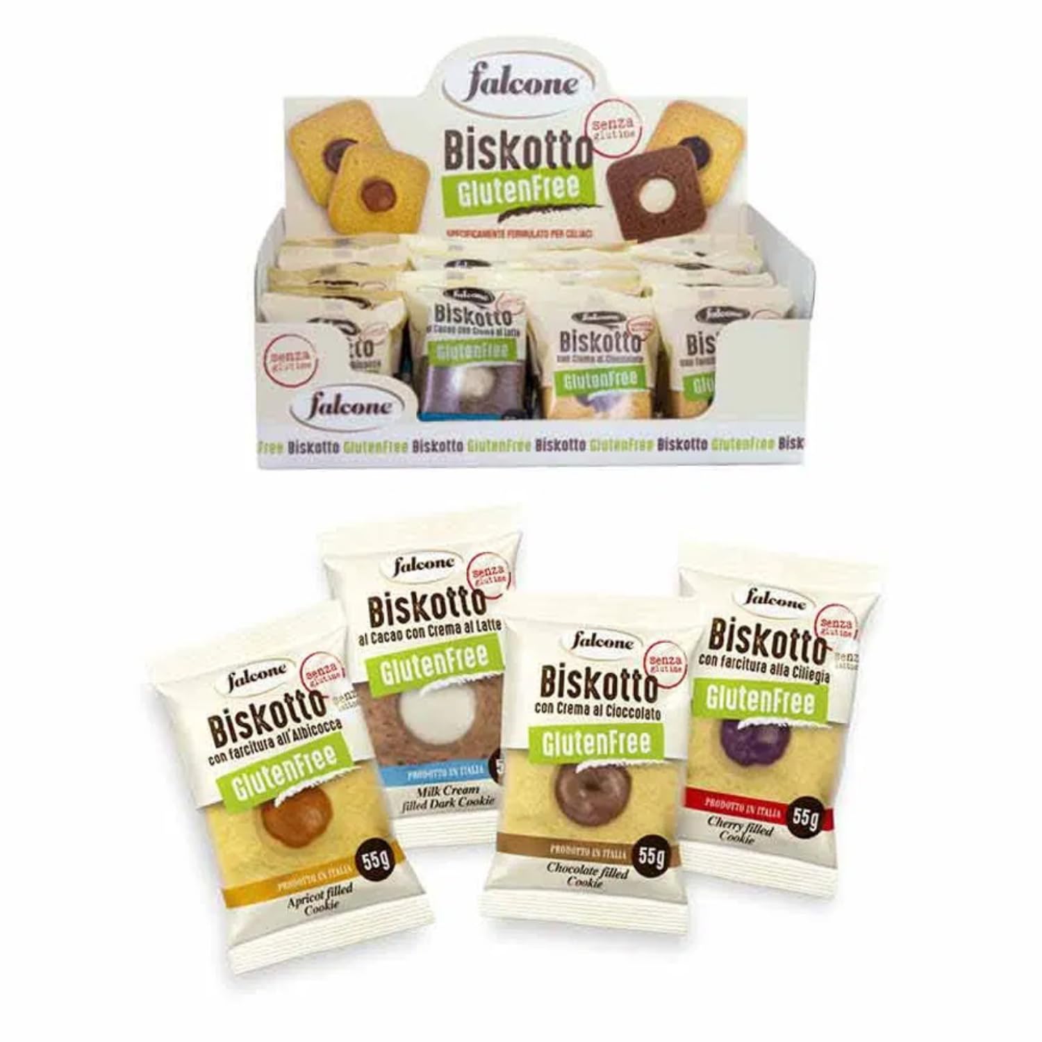 Falcone® | Biskotto® | Cofanetto di Biscotti Senza Glutine Assortiti | 24 Biscotti Gusti Cacao, Crema Latte, Ciliegia, Albicocca Senza Glutine - 1320 Gr