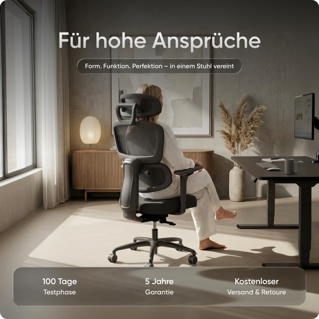 Move Pro Bürostuhl ergonomisch bis 150kg (Testsieger) - 5 Jahre Garantie | Schreibtischstuhl mit intelligenter Lordosenstütze, 3-stufiger Neigung, höhenverstellbare Rückenlehne, 5D-Armlehnen (Schwarz)