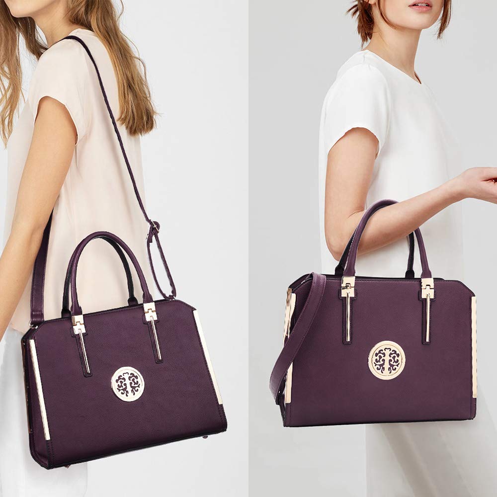 Dasein Women Large Satchel Handbag Shoulder Purse Top handle Work Bag Tote With Matching Wallet (Dark Purple)