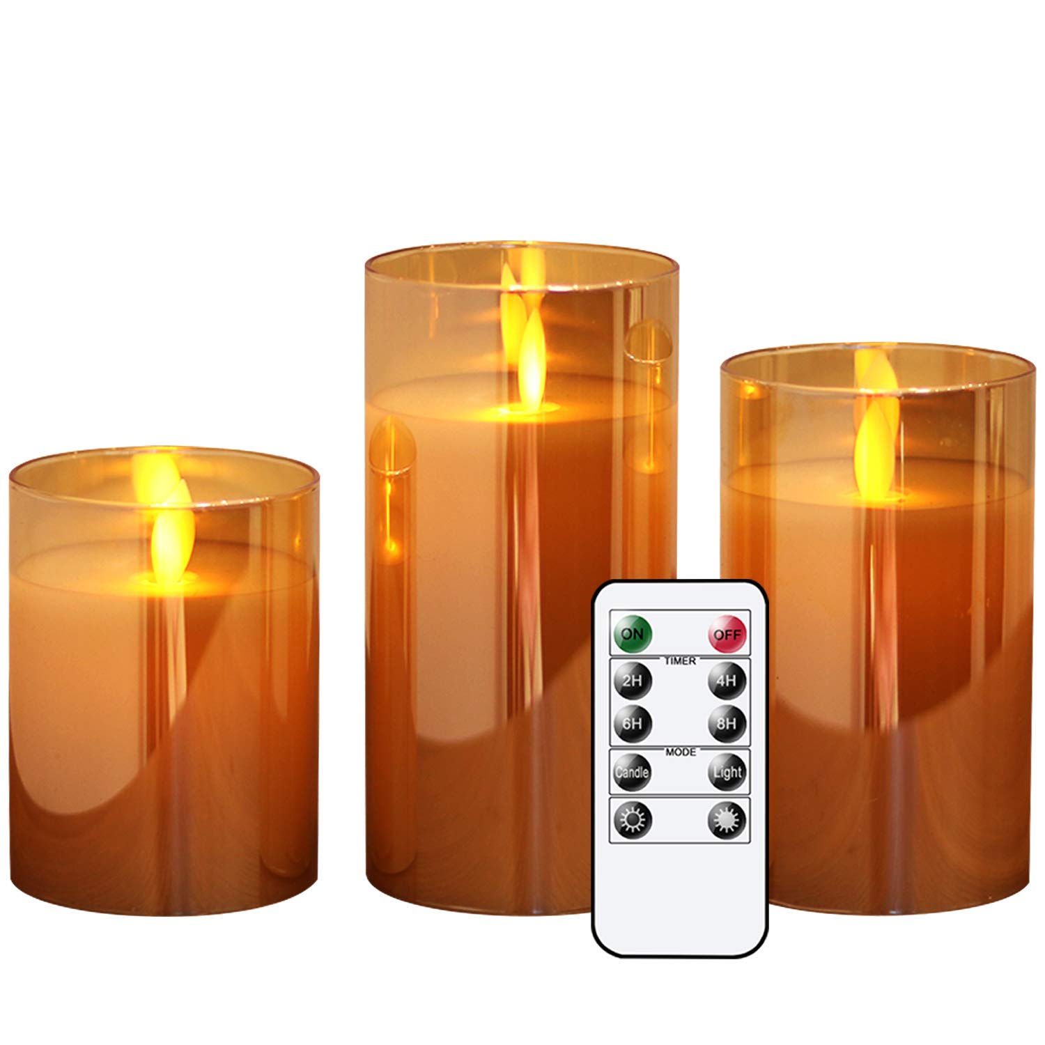 EldnaceleGold Glass Flameless Candles Flickering with Remote, Moving Wick Battery Operated Realistic Warm Light Candle, Set of 3 (D3'' x H4''/5''/6''), for Party Wedding Festival Tabletop Decoration