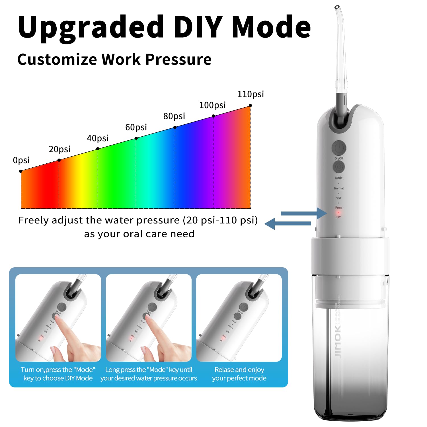 Jimok Power - Púas de agua para limpieza de dientes inalámbrica, 4 modos con puntas de 6 chorros, tanque de agua extraíble para una fácil limpieza, funda portátil para viajes en casa (negro)