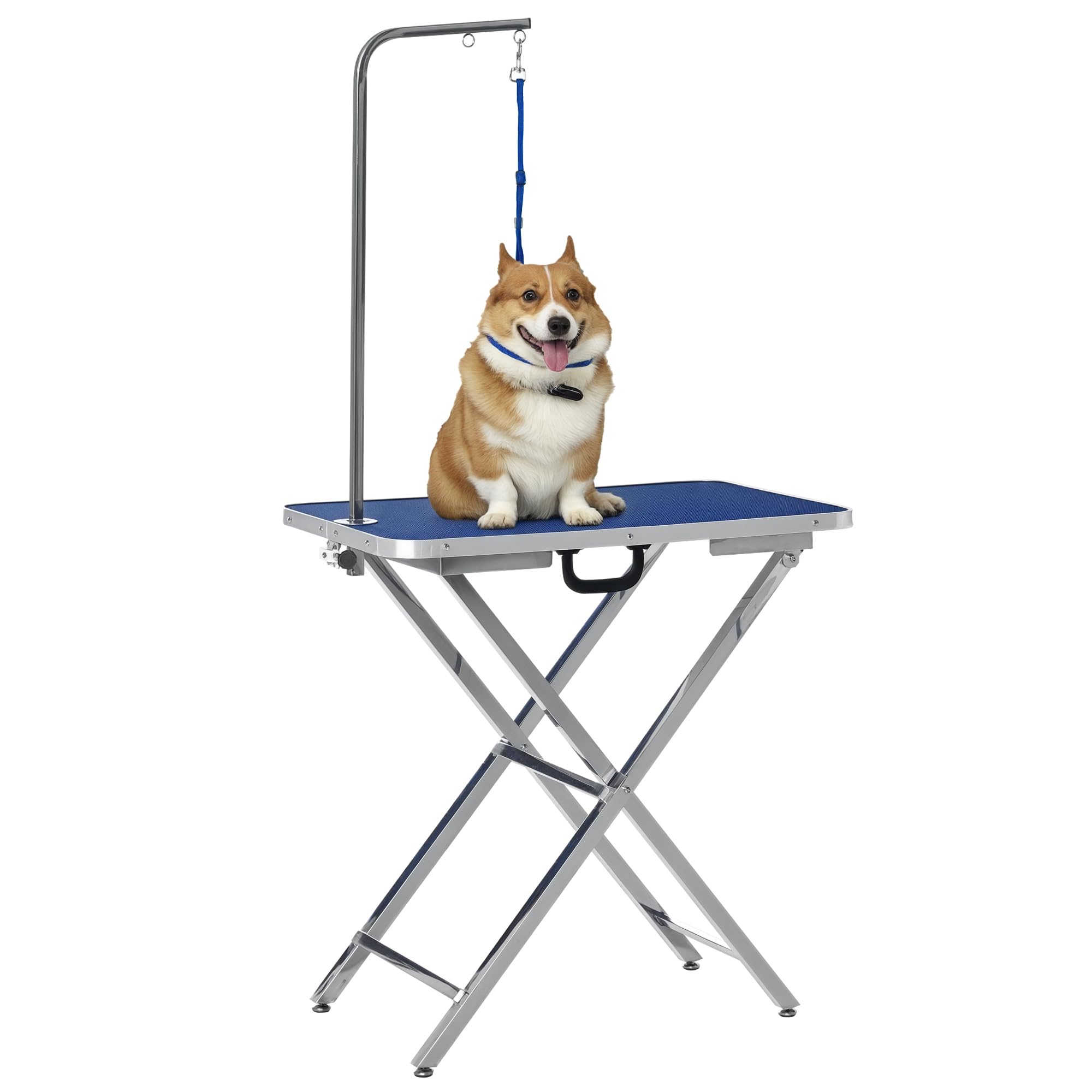 PawHut Table de toilettage Hauteur réglable, plateau antidérapant, pieds pliables en acier inoxydable, poignée et bras ajustables 72x45x74-81 cm Bleu