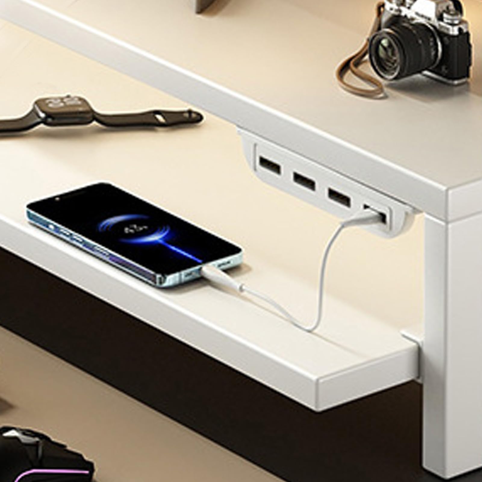 Supporto per display da tavolo con cassetto Prese CA e hub per porta USB Stazione di ricarica multifunzionale Supporto per laptop in legno Organizzatore per monitor per l'home (Bianca)