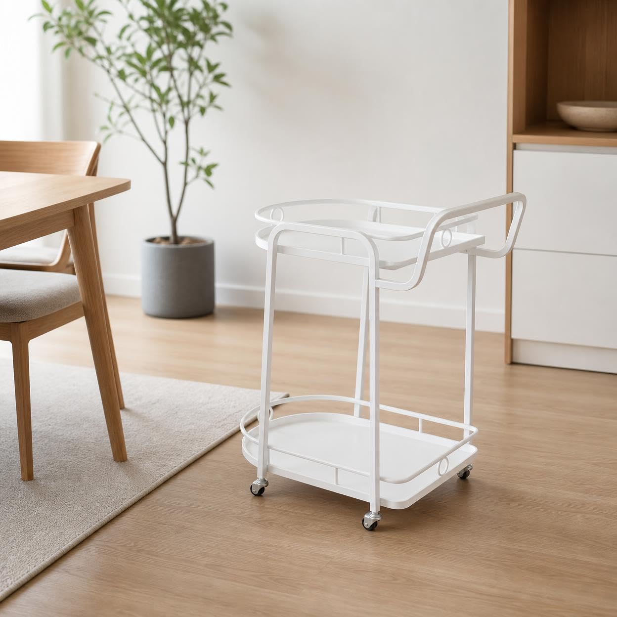Carrello con Ruote in Metallo, Carrello Ristorante e Salone, Carrello Multiuso per Casa e Hotel, Design Artistico, Bianco, Carrello a 2 ripiani grande