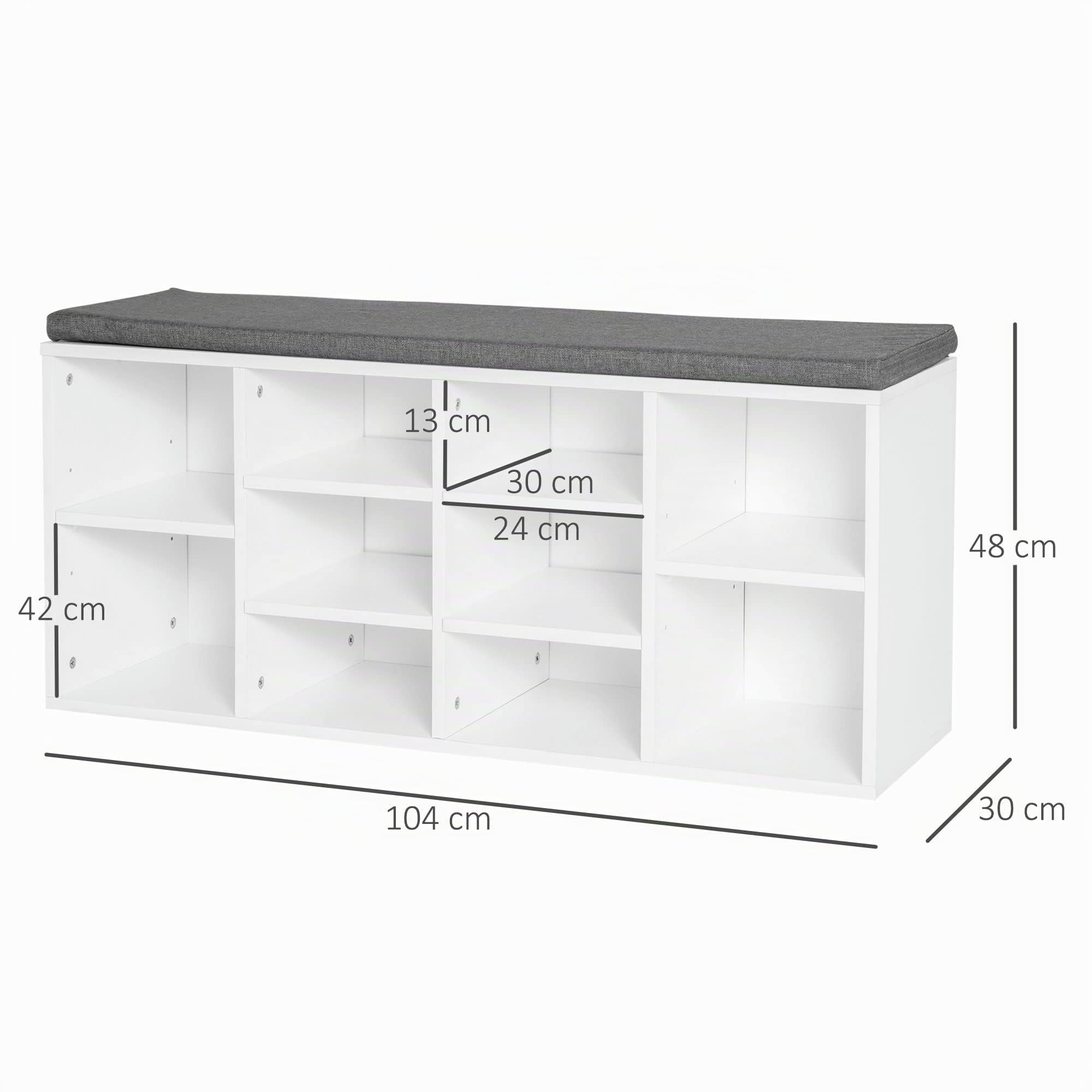 HOMCOM Scarpiera Panchina 8-10 Paia di Scarpe Bianco 104 x 30 x 48 cm | Scarpiera Bassa E Lunga, Ripiani Regolabili, Legno
