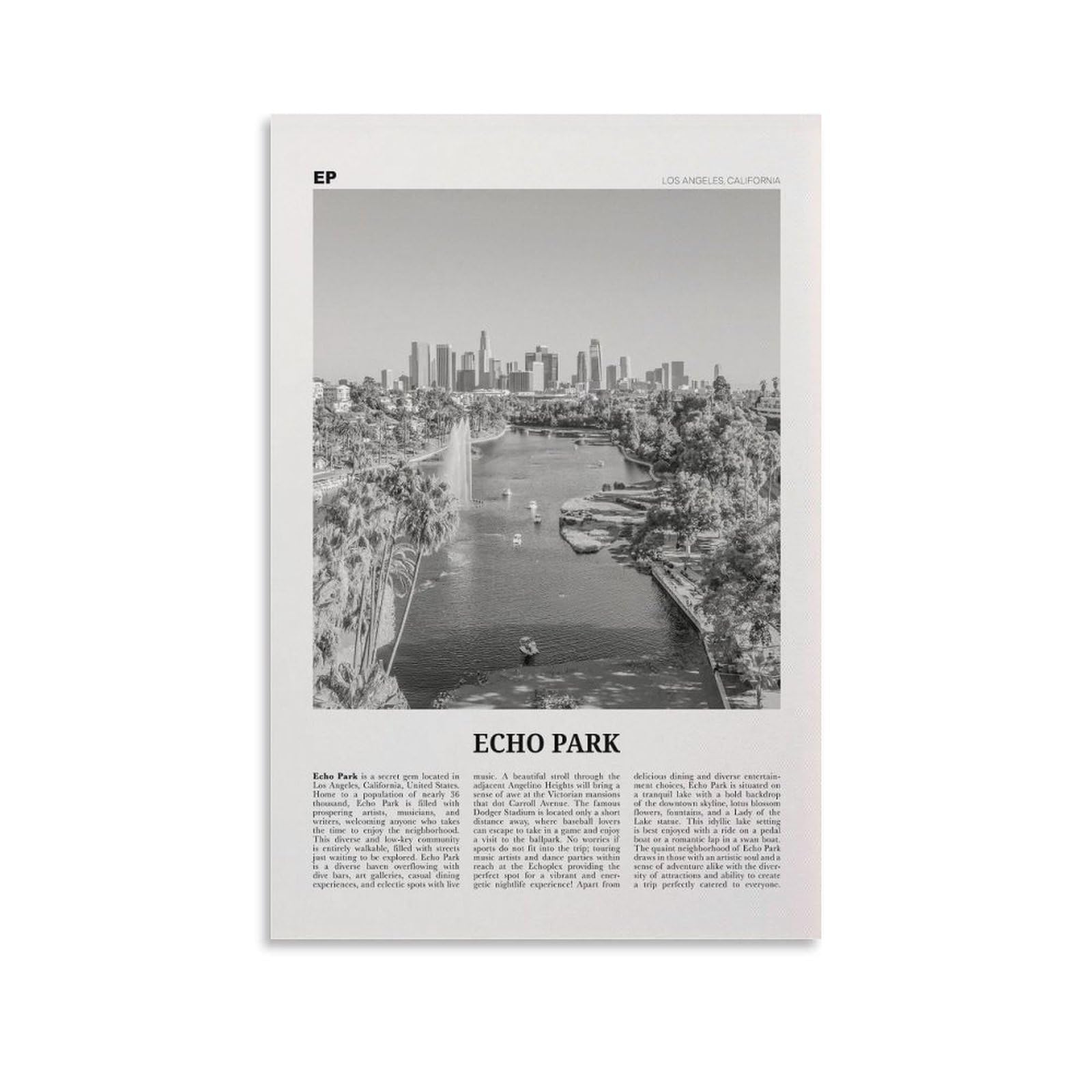 LZTEN Echo Park Print Schwarz-Weiß-Ansicht, Echo Park Wandkunst, Echo Park Poster, Echo Park Foto, Echo Park Wanddekoration, Los Angeles, Kalifornien Leinwand Wand