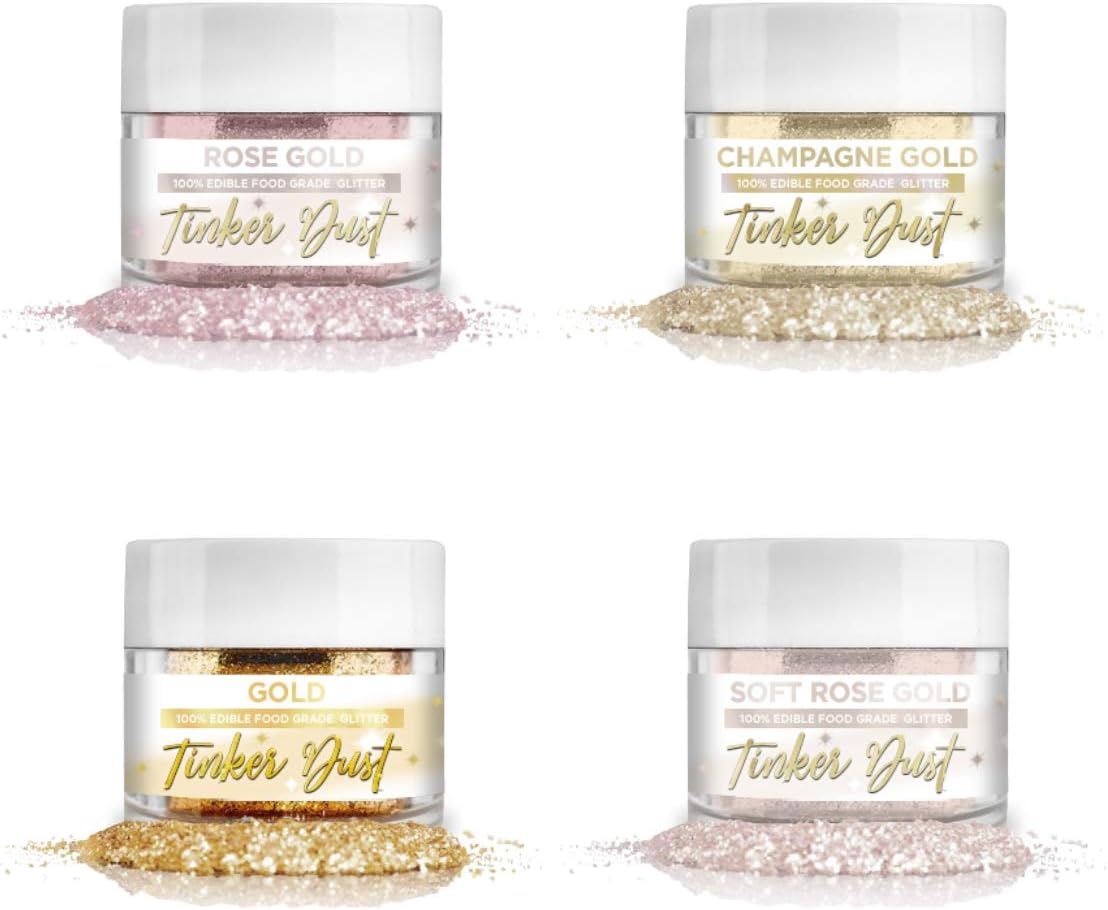 4 pc Elegant Gold & Rose Gold Edible Glitter Set, 5g Jars | Tinker Dust Edible Glitter | KOSHER Certified | 100% Edible Glitter | Cakes, Cupcakes, Cake Pops, Desserts & Desserts