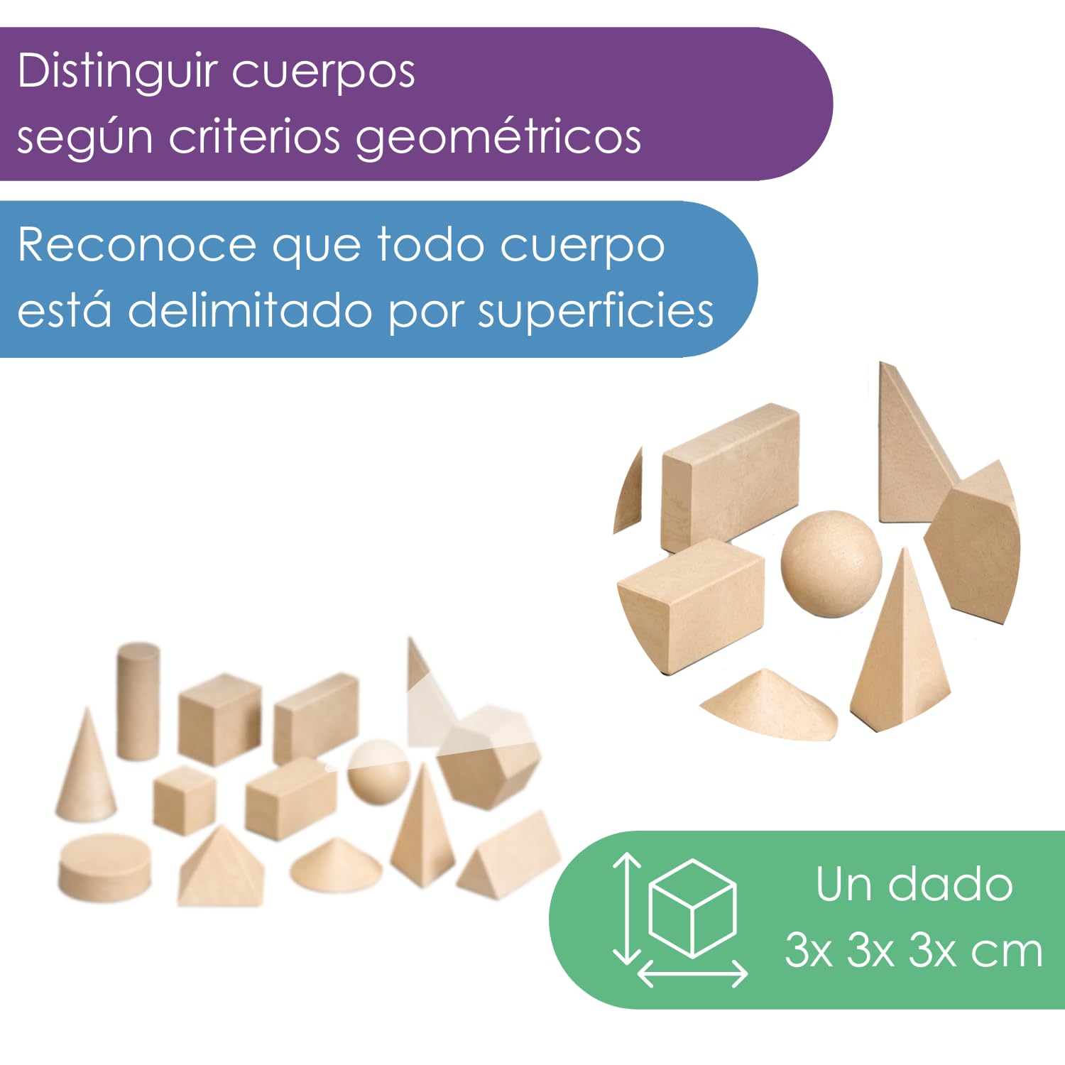 WISSNER® Aktiv lernen - 14 Figuras geométricas/Conjunto de cuerpos geométricos - de Primera a cuarta CLAS - RE-Wood®